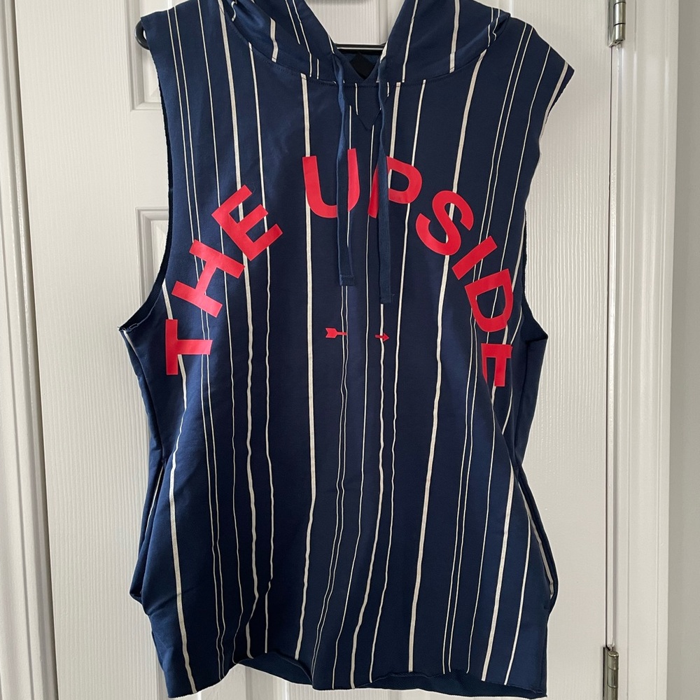 The Upside Navy Pinstripe Sleeveless Hoodie with Pink Logo
